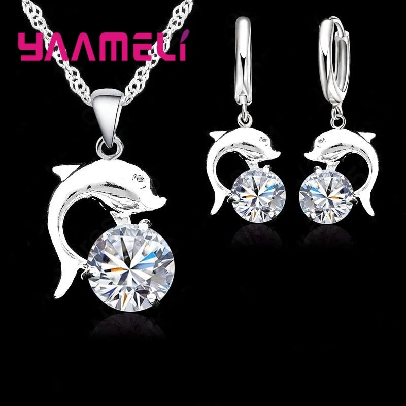 Jewelry Sets for Women Grils Wedding Engagement CZ Diamond 925 Sterling Silver Color Dolphin Pendant Necklace Hoop Earrings
