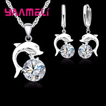 Jewelry Sets for Women Grils Wedding Engagement CZ Diamond 925 Sterling Silver Color Dolphin Pendant Necklace Hoop Earrings