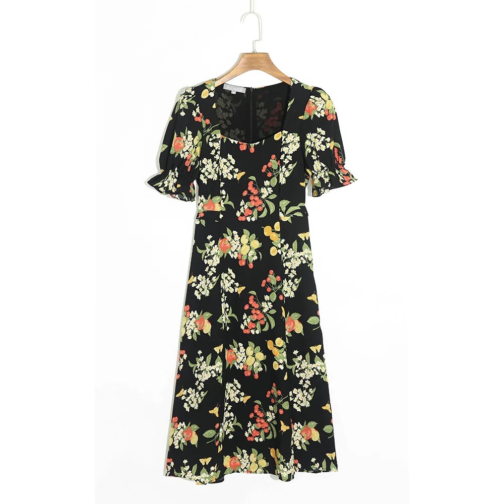 Women Short Sleeve Summer Dress Vintage Floral Print Dress Sweetheart Neck Side Slit Sexy Belted Elegant Midi Dress Sundress