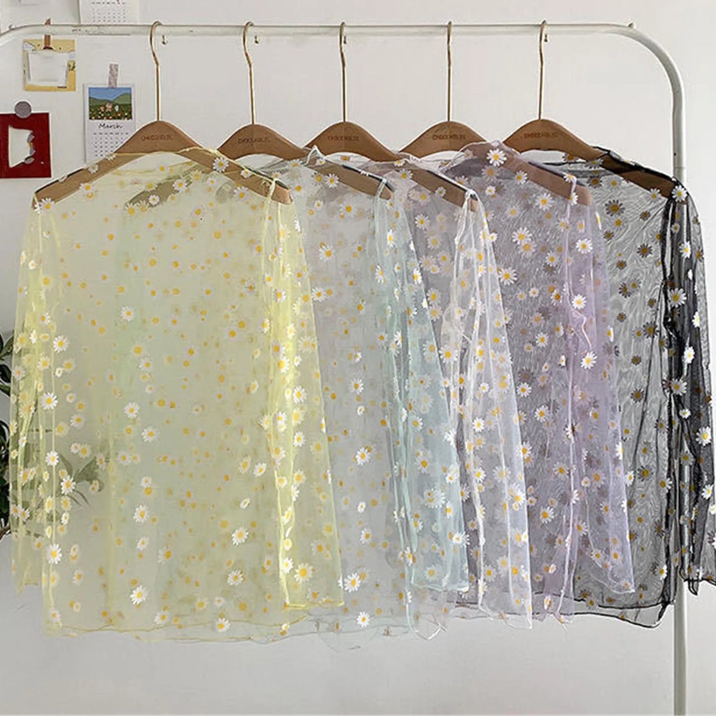 Sexy Mesh Transparent Tops Women Unlined Upper Garment Korean Daisy Print Long Sleeve Net Sheer Tops Tee Shirt Blusa Mujer