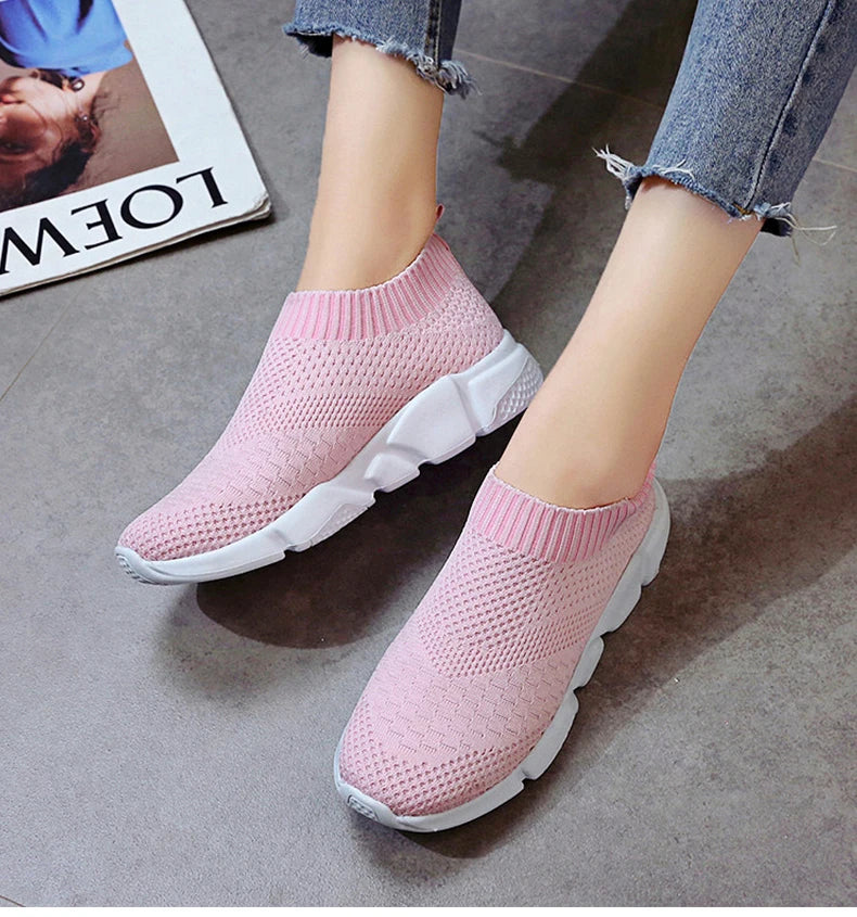 Women Shoes Plus Size Sneakers Women Breathable Mesh Sports Shoes Female Slip On Platform Sneakers White Knit Sock Shoes Casual