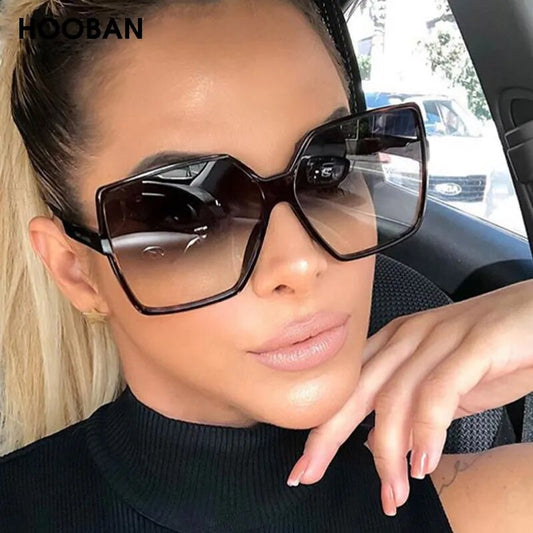 HOOBAN Fashion Oversized Women's Sunglasses Brand Designer Big Frame Ladies Sun Glasses Vintage Driving Leopard Eyeglasses UV400