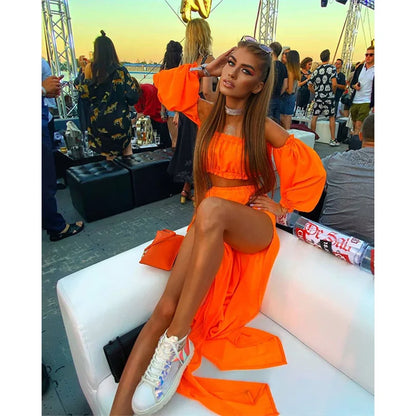 8 Colors Sexy Summer Women's Clothes Sets Solid Color Off Shoulder Long Sleeve Tops Cover Up Skirt 2pcs Suit Holiday Beachear