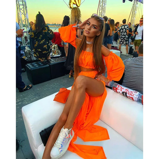 8 Colors Sexy Summer Women's Clothes Sets Solid Color Off Shoulder Long Sleeve Tops Cover Up Skirt 2pcs Suit Holiday Beachear