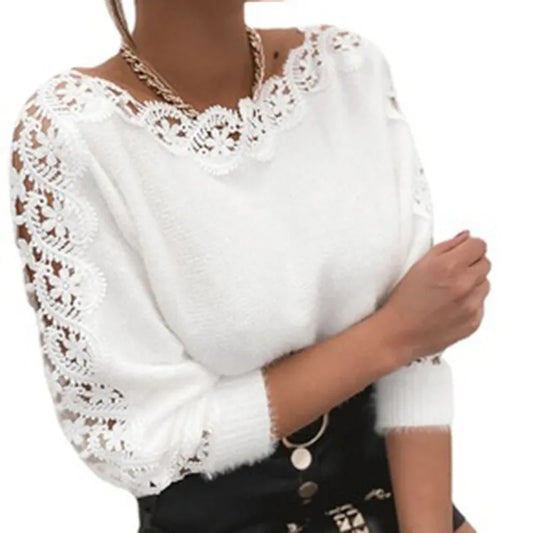 New White Sweater Women V Neck Lace Stitching Hollow Out Long Sleeves Fashion Loose Sweaters Elegant High Quality Tops