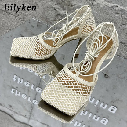 Eilyken 2023 New Sexy Mesh Pumps Sandals Female Square Toe High Heel Lace Up Cross-Tied Stiletto Hollow Shoes
