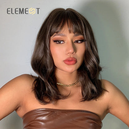 Element Medium Length Synthetic Straight Natural Brown Wigs with Side Bangs Heat Resistant Party Wigs for White/Black Women