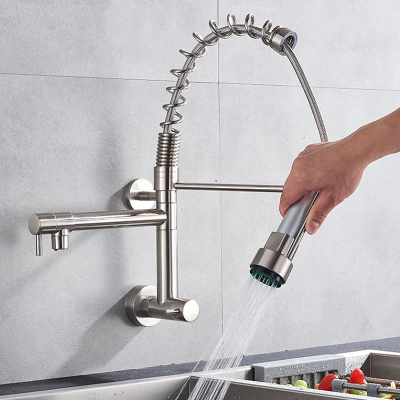 Wall Mounted Spring Kitchen Faucet Chrome Black Pull Down Sink Faucets Single Cold Water Dual Spouts Mixer 360 Rotation Crane