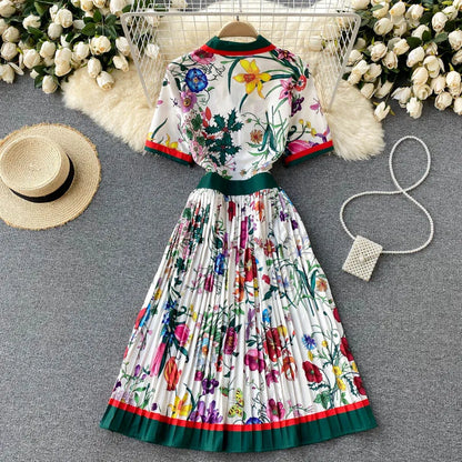 2021 Summer Runway Designer Pleated Dress Women's Short Sleeve Shirt Collar Overlay Flower Print Slim Party Midi Dresses N78610