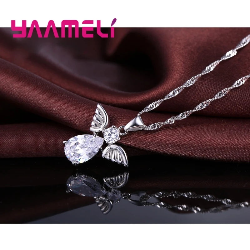 Sale Specials Cute Angel Shape Jewelry Sets Crystal 925 Sterling Silver Color Pendant Necklace And Earring Set Lady Birthday