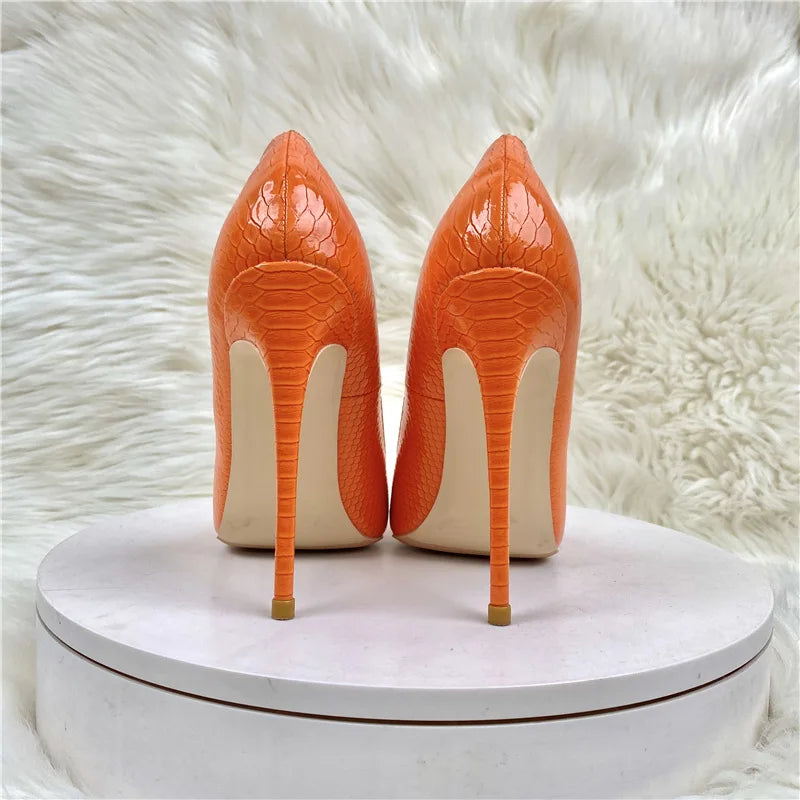 Women Orange Snake Pattern Pointed Toe Sexy 8/10/12Cm Customized Designer Shoes Plus Size 34-45 High Heels
