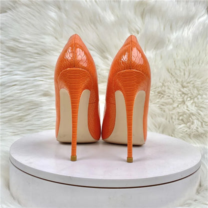 Women Orange Snake Pattern Pointed Toe Sexy 8/10/12Cm Customized Designer Shoes Plus Size 34-45 High Heels