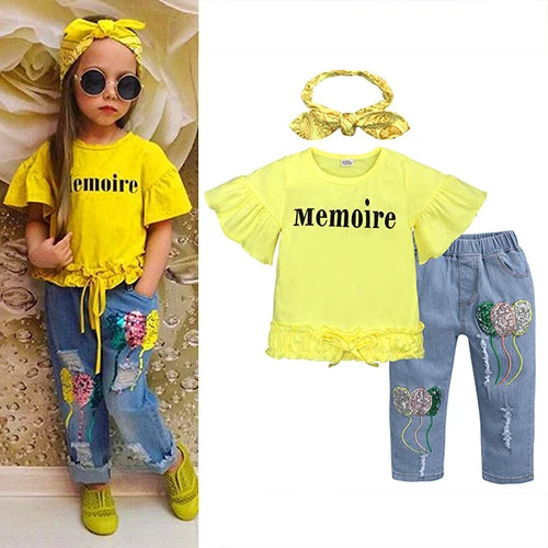 Children Sets for Girls Fashion 2025 New Style Girls Suits for Children Girls + Headband 3pcs. Set Cute Girls
