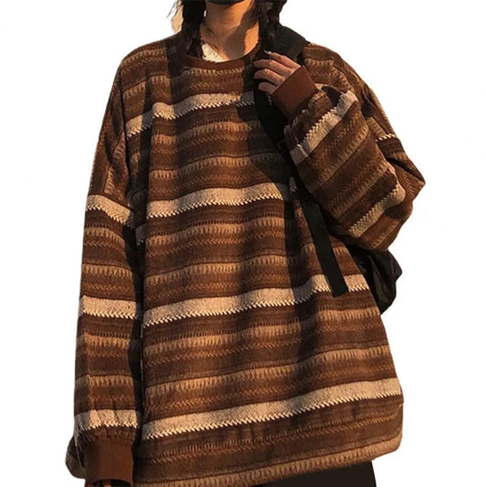 Women Sweater Stripe Vintage Style Slouchy Oversized Fall Sweater for Daily Wear