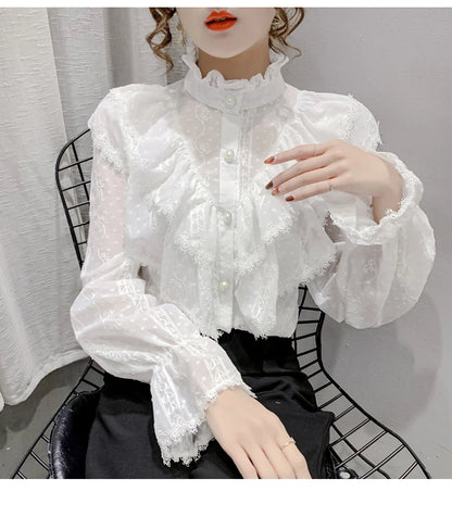 Spring Fashion  Long Sleeve Loose Button Women Shirt Elegant Stand Collar Pleated Tops Casual Ruffle Lace Blouse Blusas 15832