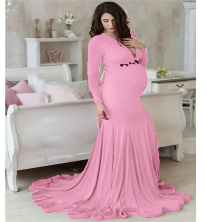 Spring Elegant Maternity Dresses For Photo Shoot Pregnant Women Dress Long Sleeve V-Neck Pregnancy Photography Shower Dress