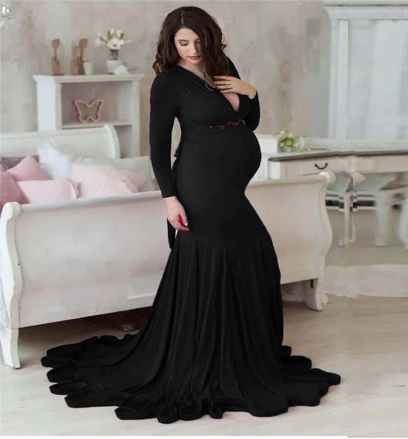 Spring Elegant Maternity Dresses For Photo Shoot Pregnant Women Dress Long Sleeve V-Neck Pregnancy Photography Shower Dress