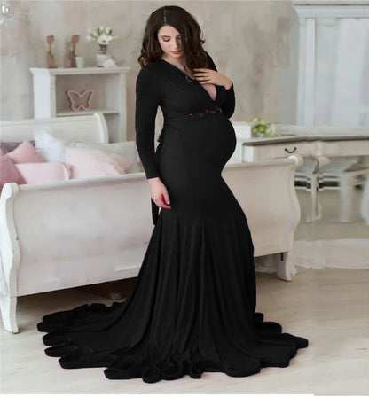 Spring Elegant Maternity Dresses For Photo Shoot Pregnant Women Dress Long Sleeve V-Neck Pregnancy Photography Shower Dress