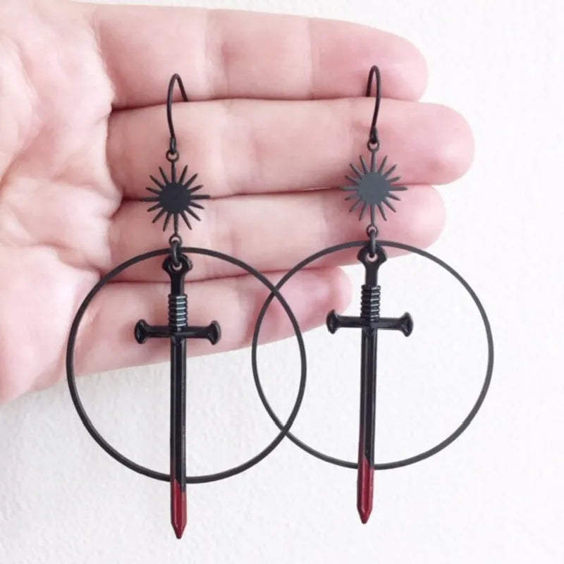 Gothic Black Night Warrior Earrings Sun Ring Sword Earrings Classic Eardrop Big Sword Statement Mystical Jewellery Women Gift