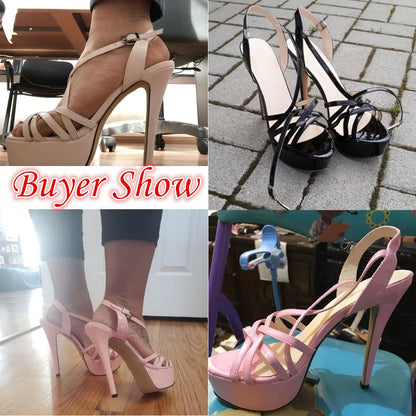 LOSLANDIFEN Women Sandals Sexy 14CM Platform High Heels Ankle Strap Sandal Open Toe Sanke Gladiator Party Dress Woman Shoes