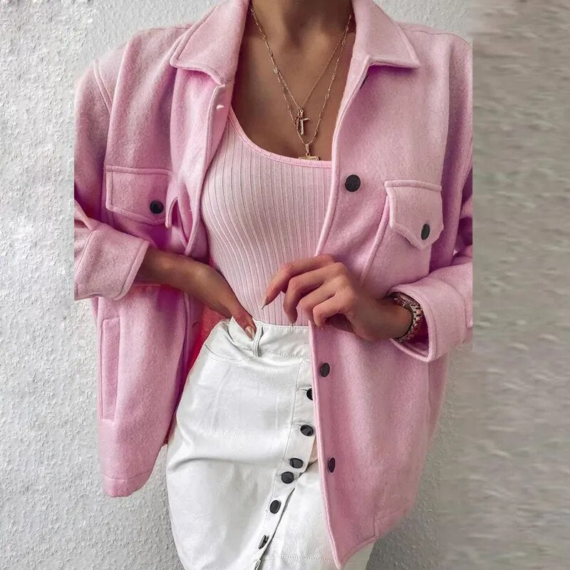 Autumn Single Breasted Turn-down Collar Wool Coat Women Elegant Long Sleeve Pocket Outwear Fashion Solid Loose Streetwear Jacket