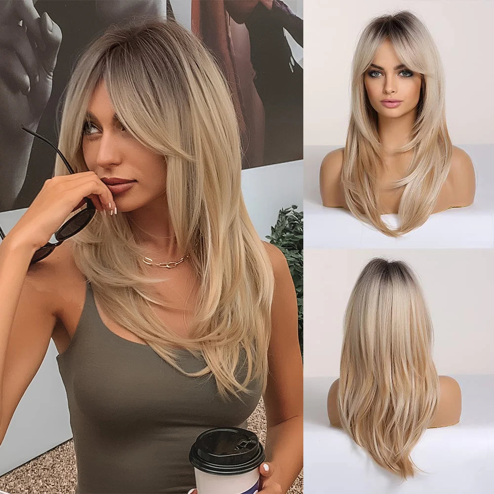 Element Medium Length Synthetic Straight Natural Brown Wigs with Side Bangs Heat Resistant Party Wigs for White/Black Women