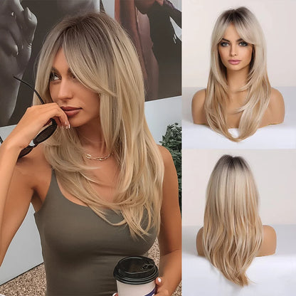 Element Medium Length Synthetic Straight Natural Brown Wigs with Side Bangs Heat Resistant Party Wigs for White/Black Women