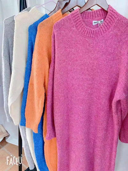 Winter Women Dress Fall Sweater Women Dress Long Sleeve Knitted Dresses Maxi Vintage Oversize Dresses Knitting Thick Warm Purple