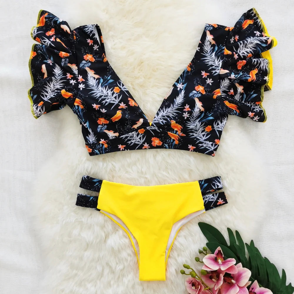 Tropical Style Women Bikini Set Ruffle Floral Printed High Waist Swimwear Summer Flower Swimsuit Biquini Bathing Suit Female