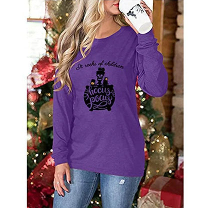Womens Halloween shirt long sleeve in purple with a spooky design featuring a witch and text.