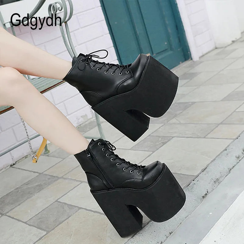 Gdgydh Height 17cm Chunky Heel Platform Ankle Boots Punk Cosplay Thick Sole Goth Boots