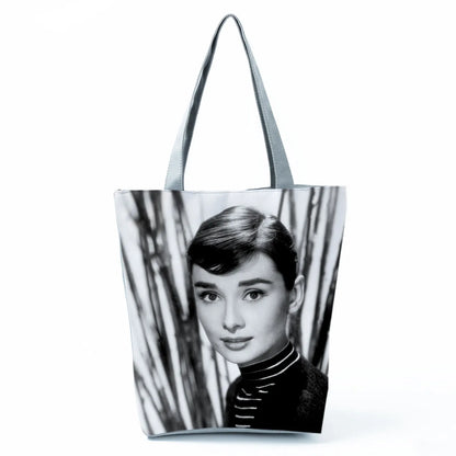 Audrey Hepburn Blowing Bubbles Printed Handbag Classic High Capacity Women Shoulder Bags Portable Eco Reusable Shopping Bags