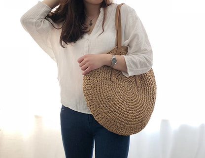 Round Straw Beach Bag Vintage Handmade Woven Shoulder Bag Raffia circle Rattan bags Bohemian Summer Vacation Casual Bags