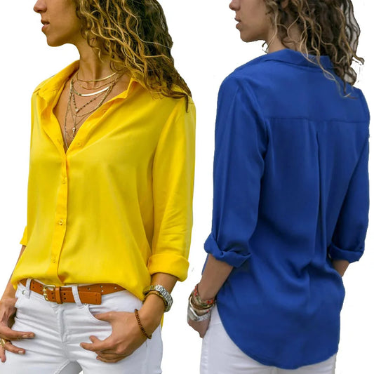 2024 New Women's Clothes Ladies Long Sleeve Deep V-Collar Chiffon Shirt and Tops Casual Women Button Office Shirts Plus Size