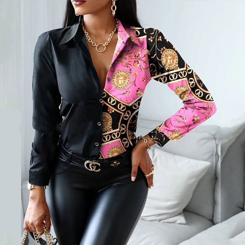 2024 Women Fashion Shirt Lady Long Sleeve Blouse Turn-down CollarButton Design Print  Casual Shirts