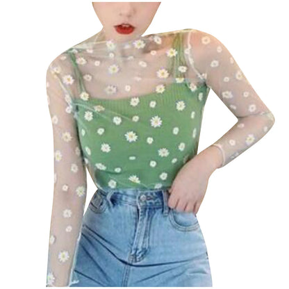 Sexy Mesh Transparent Tops Women Unlined Upper Garment Korean Daisy Print Long Sleeve Net Sheer Tops Tee Shirt Blusa Mujer