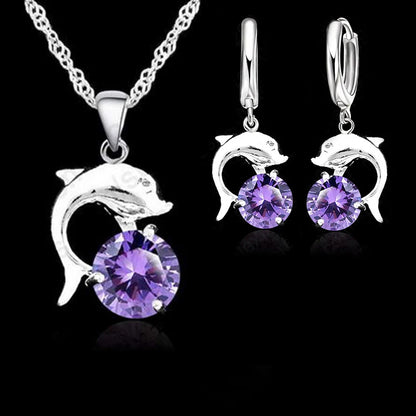 Jewelry Sets for Women Grils Wedding Engagement CZ Diamond 925 Sterling Silver Color Dolphin Pendant Necklace Hoop Earrings