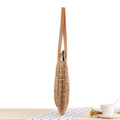 Round Straw Beach Bag Vintage Handmade Woven Shoulder Bag Raffia circle Rattan bags Bohemian Summer Vacation Casual Bags
