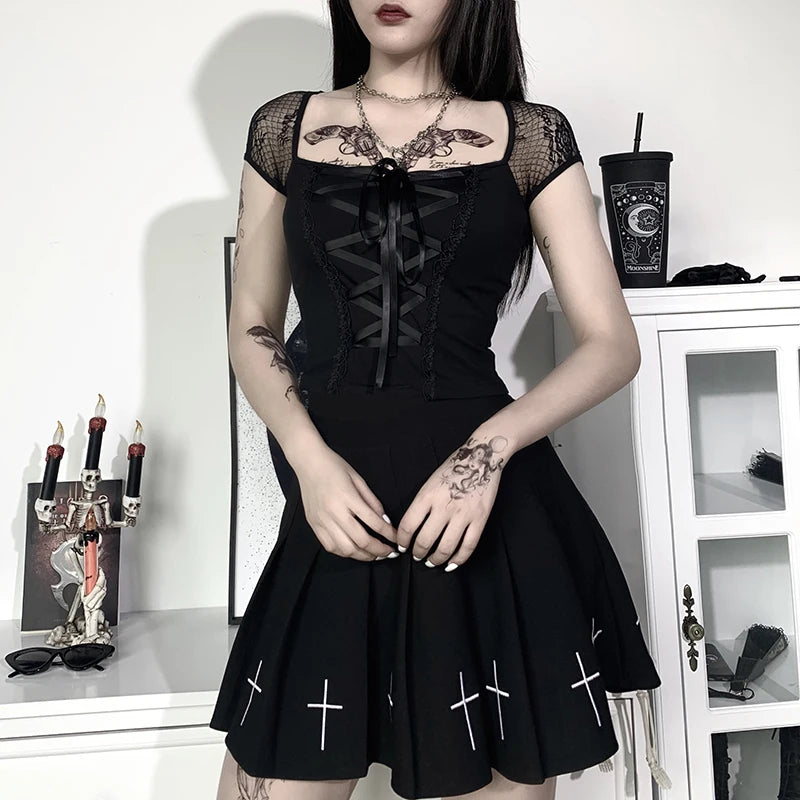 Women's Vintage Gothic T-shirt Bodycon Bandage Lace Black Mesh Top Sexy Casual Gothic Streetwear Female Top