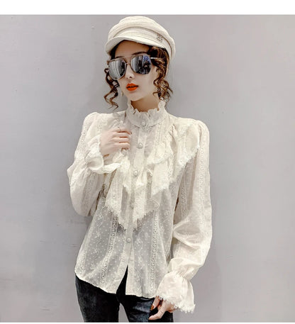 Spring Fashion  Long Sleeve Loose Button Women Shirt Elegant Stand Collar Pleated Tops Casual Ruffle Lace Blouse Blusas 15832