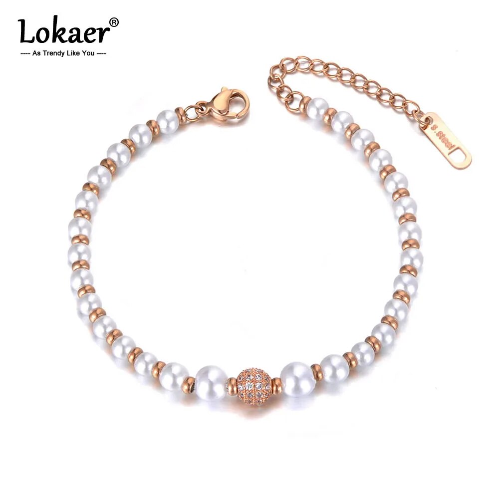 Lokaer Stainless Steel Simulated Pearl Charm Bracelets For Women Girls Bohemia CZ Crystal Chain & Link Bracelet Jewelry B19079
