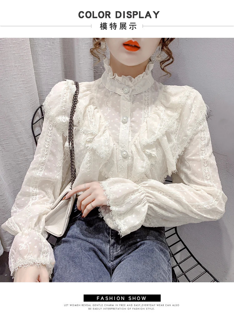 Spring Fashion  Long Sleeve Loose Button Women Shirt Elegant Stand Collar Pleated Tops Casual Ruffle Lace Blouse Blusas 15832