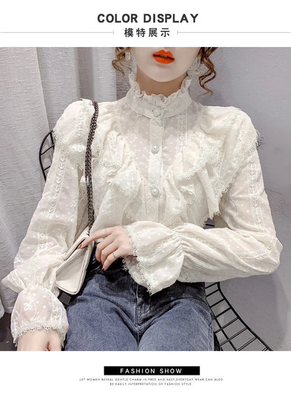 Spring Fashion  Long Sleeve Loose Button Women Shirt Elegant Stand Collar Pleated Tops Casual Ruffle Lace Blouse Blusas 15832