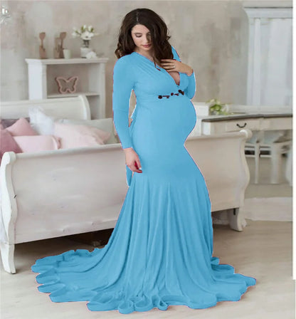 Spring Elegant Maternity Dresses For Photo Shoot Pregnant Women Dress Long Sleeve V-Neck Pregnancy Photography Shower Dress