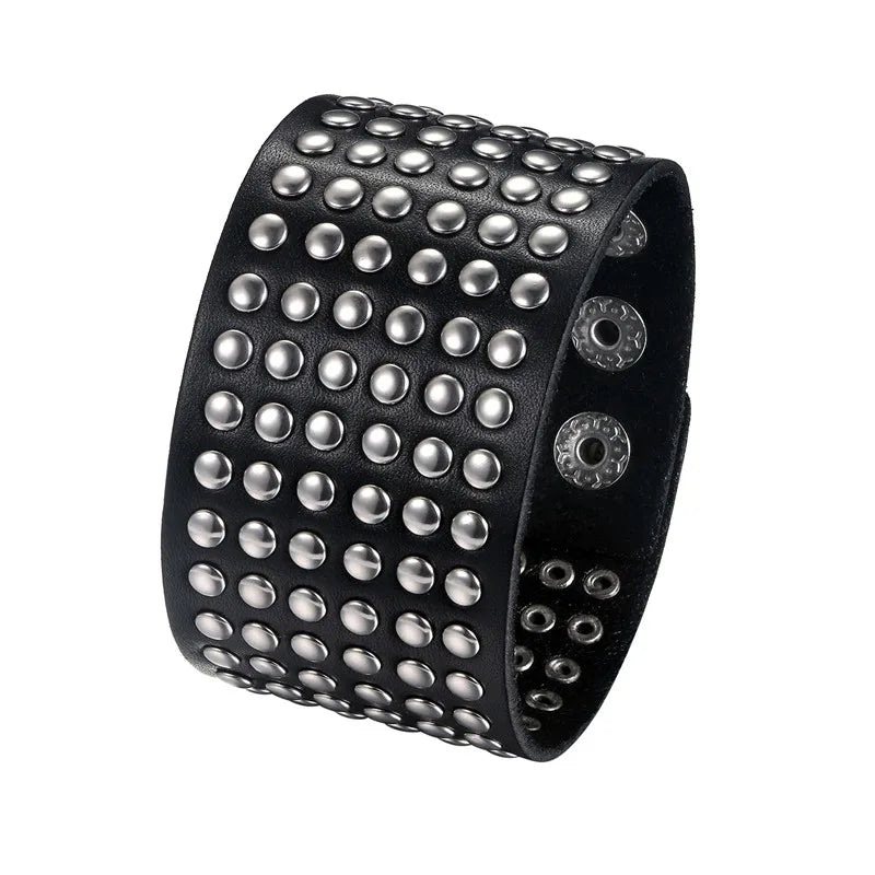 BONISKISS 2020 Fashion Stud Spikes Rivet Adjustable Leather Wristband Bangle Cuff Bracelet Wide Cuff Punk style Cool Men Jewelry