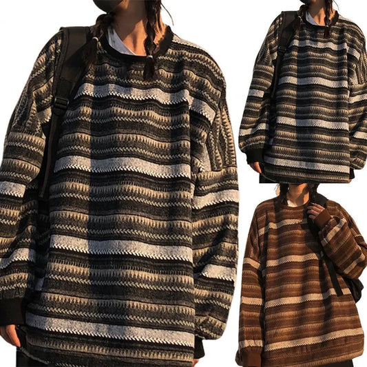 Women Sweater Stripe Vintage Style Slouchy Oversized Fall Sweater for Daily Wear