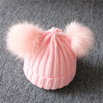 Winter Wool Knitted Hat Children Infant Newborn Kids Baby Caps Beanie with Two Double Pom Pom Beanie for Boys Girl 1-3 Years