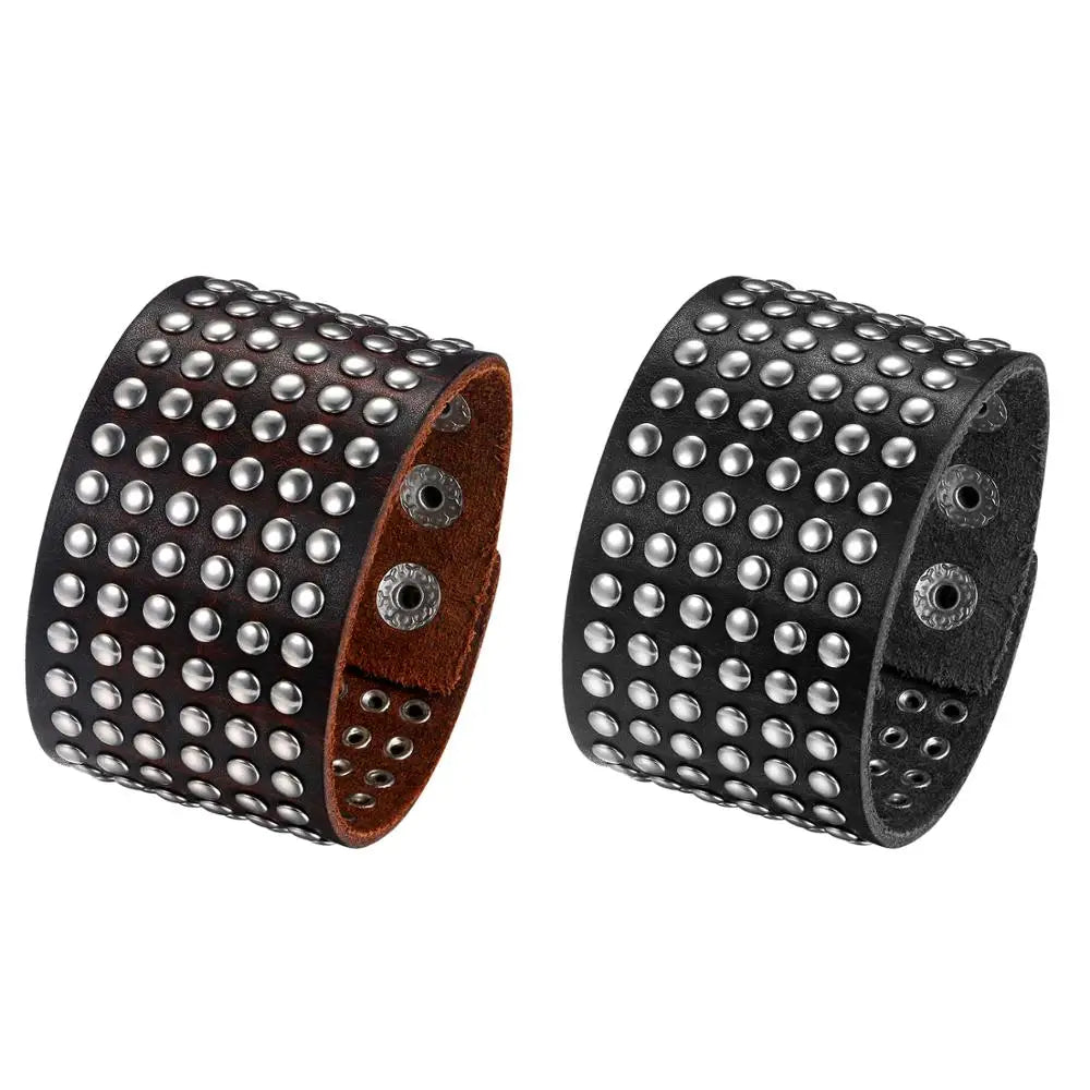 BONISKISS 2020 Fashion Stud Spikes Rivet Adjustable Leather Wristband Bangle Cuff Bracelet Wide Cuff Punk style Cool Men Jewelry