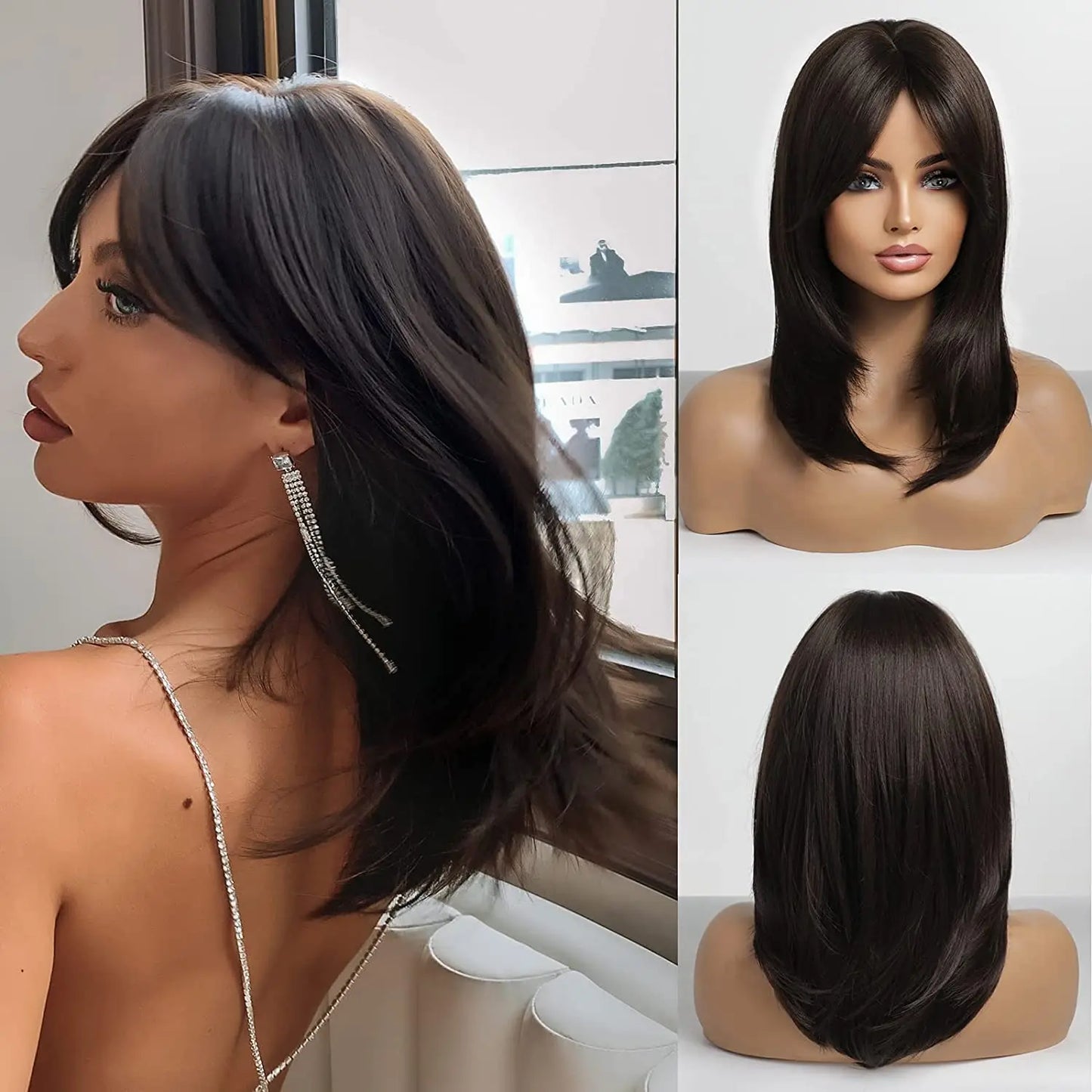 Element Medium Length Synthetic Straight Natural Brown Wigs with Side Bangs Heat Resistant Party Wigs for White/Black Women