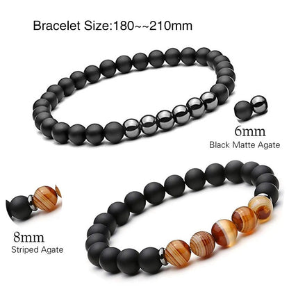 2PCS Natural Striped Agates Matte Black Onyx Beaded Bracelet for Women Men Natural Stone Hematite Bracelet Jewelry Pulseras